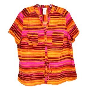 Jaclyn Smith Women's Multicolor V-Neck Short Sleeve Button-up Top - Size: 3X